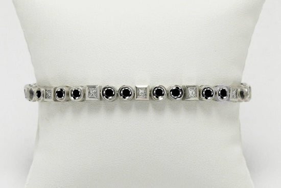 Balck Round And Princess Diamond Bracelet, Everyday Jewelry, Tennis Bracelet, Black & White Diamond Bracelet For Women,Handmade Bracelet