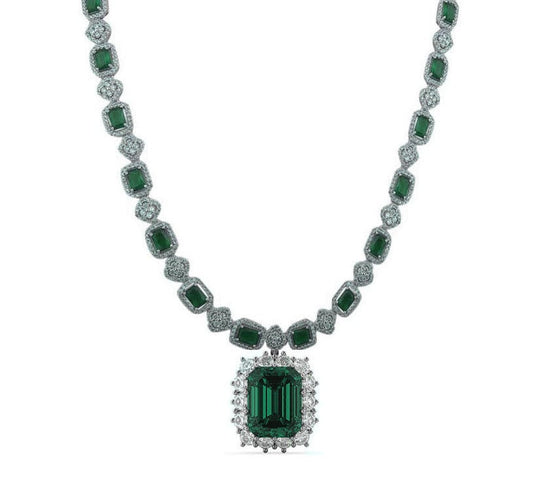 Emerald Wedding Necklace, Green Emerald And Diamond Necklace For Her, Emerald Necklace In 925 Sterling Silver, 14k White Gold Plated
