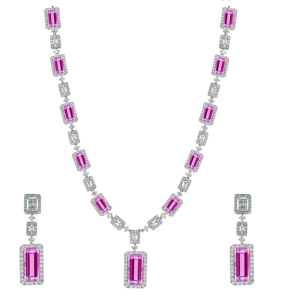 EMERALD CUT PINK Ruby Necklace Set,Ruby And Diamond Necklace Earrings Set In Sterling Silver,Ruby Wedding Necklace Set, Bridel Jewelry Set
