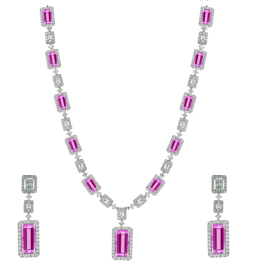 EMERALD CUT PINK Ruby Necklace Set,Ruby And Diamond Necklace Earrings Set In Sterling Silver,Ruby Wedding Necklace Set, Bridel Jewelry Set