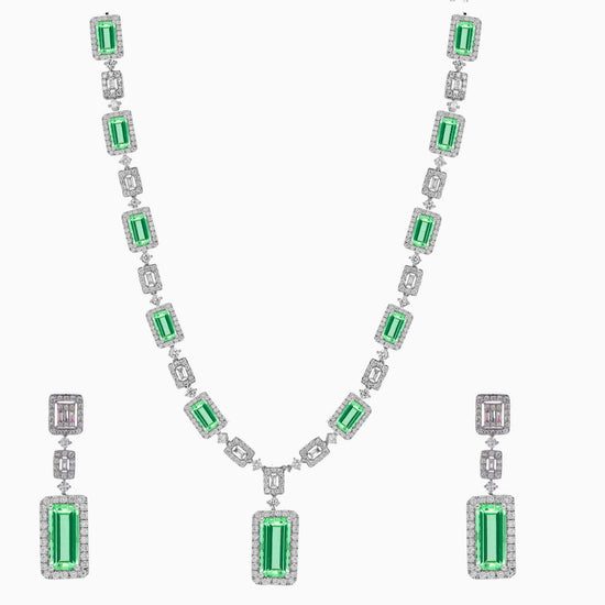 EMERALD CUT GREEN Emerald Necklace Set,Emerald And Diamond Necklace Earrings Set In Sterling Silver,Emerald Wedding Necklace Set,For Her