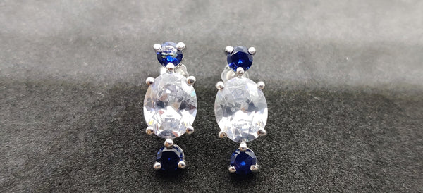 10kt White Gold Finish Big Oval Diamond And Sapphire Earrings, Sterling Silver Earrings, Wedding Earrings, Handmade Earrings, Gift For Her