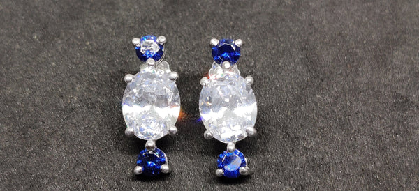 10kt White Gold Finish Big Oval Diamond And Sapphire Earrings, Sterling Silver Earrings, Wedding Earrings, Handmade Earrings, Gift For Her