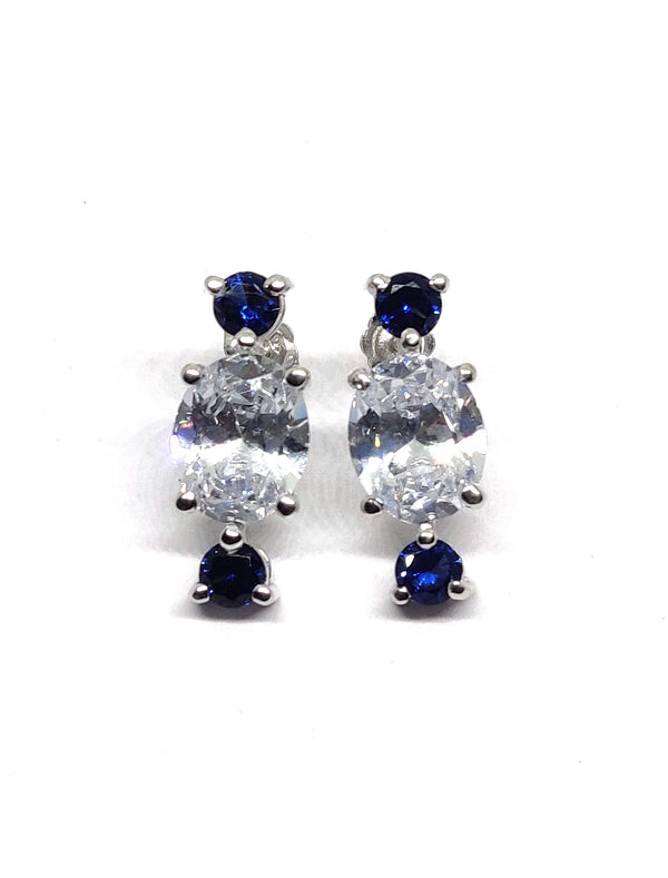 10kt White Gold Finish Big Oval Diamond And Sapphire Earrings, Sterling Silver Earrings, Wedding Earrings, Handmade Earrings, Gift For Her