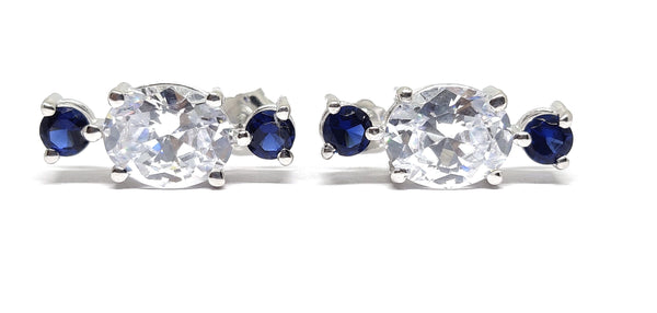 10kt White Gold Finish Big Oval Diamond And Sapphire Earrings, Sterling Silver Earrings, Wedding Earrings, Handmade Earrings, Gift For Her