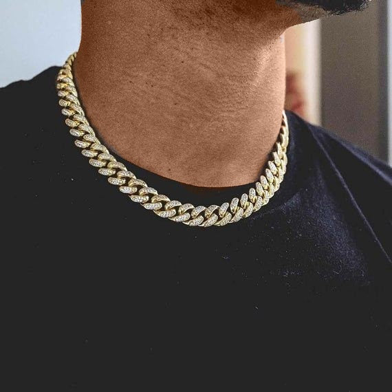 8MM-14MM Cuban Link Chain • Moissanite Diamond Luxury Hip Hop Necklace with 14K Gold Finish • Drip Chain for Men/Women • Perfect Gift