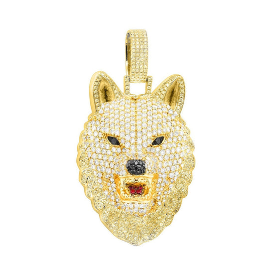 HIP HOP PENDANT, Wolf Face Pave Diamond Hip Hop pendant , Mens Hip hop Pendant, sterling Silver Hip hop Pendant With 14kt Gold Finish ,