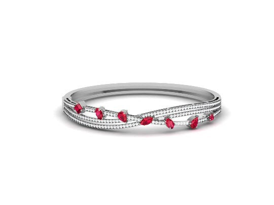 Silver Bangle Bracelet, Handmade , Pear Ruby Diamond Bangle Bracelet With 14kt White Gold On Silver, Everyday bracelet, Mother's Day Gift