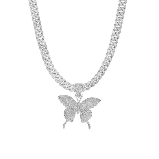 Moissanite Diamond Butterfly Pendant with Cuban Link Chain • 925 Sterling Silver Hip Hop Pendant • Perfect Gift for Him