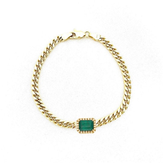 2.50 CT EMERALD CUT Emerald And Diamonds Bracelet For Her, Emerald Bracelet, Diamond Bracelet ,Cuban link Chain Bracelet For Women, Gift