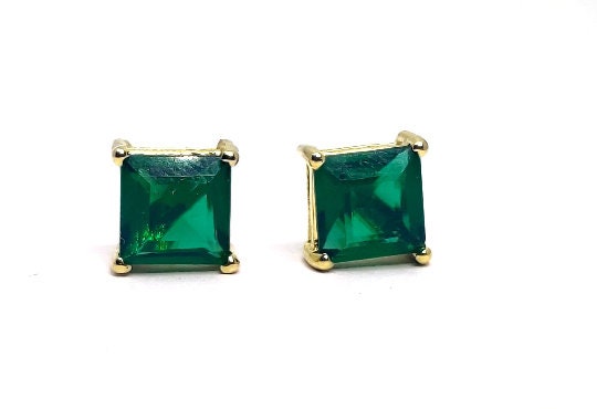 Princess Cut Green Emerald Stud Earrings For Her, 14k Yellow Gold Plated, 925 Sterling Silver, Stud Earring, Valentine Gifts, Gift For Her