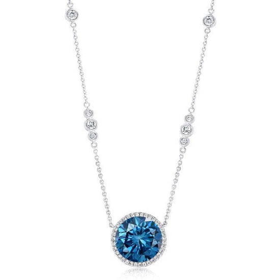 BLUE SAPPHIRE NECKLACE, 2.0 Round Cut Sapphire Halo Diamond Necklace Pendant For Her, Sterling Silver Sapphire Necklace, Gift For Her