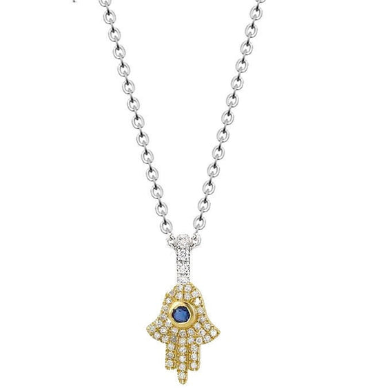 HAMSA Pendant, Blue Sapphire and White Moissanite Diamond Hamsa Hand, Perfect gift, 14KT White and Yellow Gold Plating, With Cable Chain