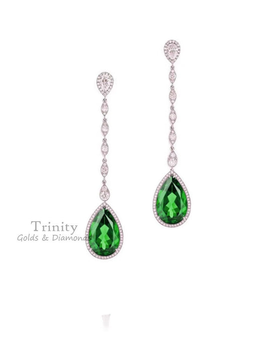 Pear & Round Cut Earrings, Emerald And Diamond Earrings, 925 Sterling silver, Handmade Women&