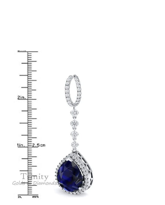 SAPPHIRE DANGLE EAEEINGS, 2.0 Carat Pear shape Blue Sapphire Diamond Dangle Drop Earrings, sterling silver clip on earrings,Gift For Her
