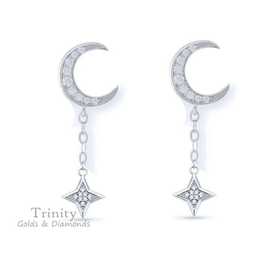 3 Ct Moissanite Diamond, Star Moon Shape Drop Dangle Earrings, Moissanite Diamond Earrings, 925 Sterling Silver, Moon Earrings,Gift For Her