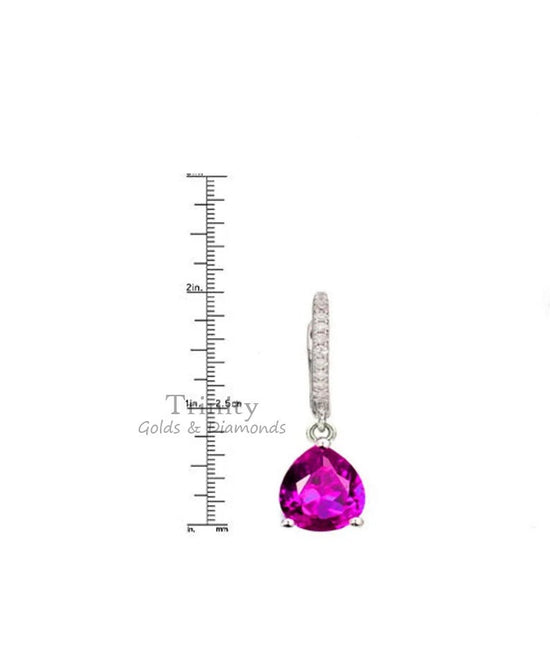 DANGLE DROP HOOP Earring with Pink Pear Shape Ruby 14KT White Gold Over Silver,Bridal Earrings, Diamond Earrings, Ruby Handmade Earrings