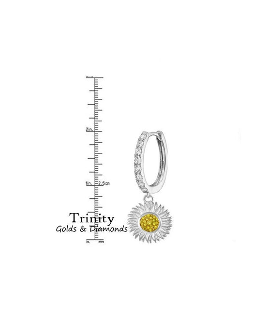 SILVER LONG DANGLE Earrings, Flower-Shaped Dangle Earring, Sunflower Diamond Earrings