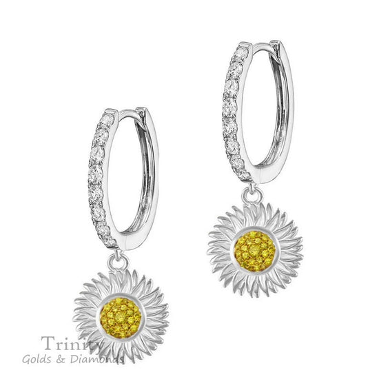 SILVER LONG DANGLE Earrings, Flower-Shaped Dangle Earring, Sunflower Diamond Earrings