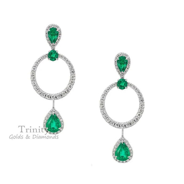 EMERALD EARRINGS, 2.30 Ct Pear & Round Cut Earrings, Green Emerald And Diamond Earring, Valentine Day Earrings, 925 Sterling Silver Earrings