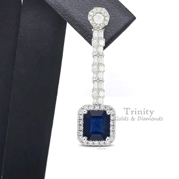 Emerald Cut Blue Sapphire Diamond Dangle Earrings for Women, Birthstone Dangle Drop Earrings Christmas Gift For Women