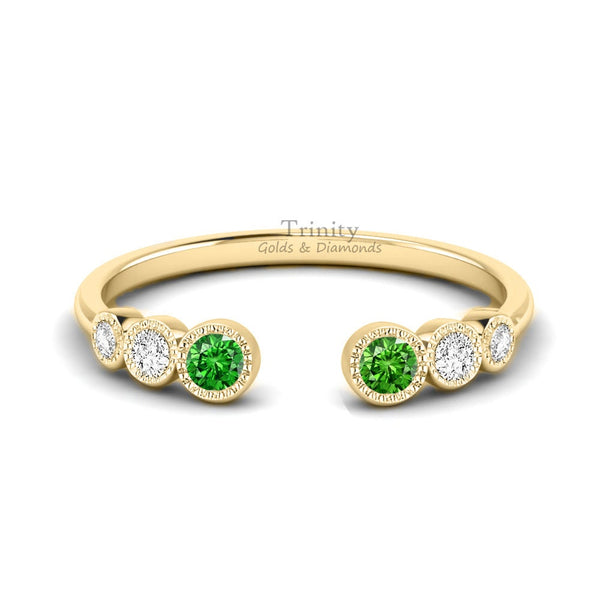 14k Yellow Gold Plated, Open Emerald Diamond Ring Band, Open Band Ring, Round Cut Emerald Ring, Sterling Silver Emerald And Diamond Ring