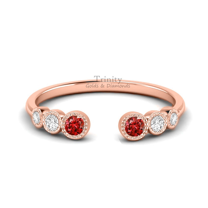 Hug Gemstone Band Ring, Hug Ring, Hug Wedding Band, Adjustable Wedding Band Ring, Garnet Open Band, Red Garnet And Diamond Open Band Ring