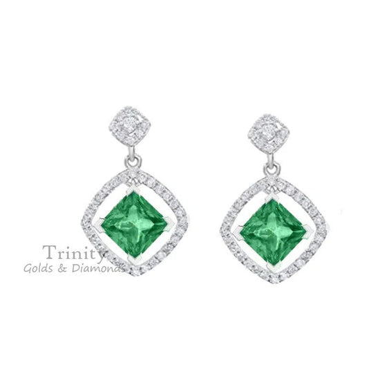 EMERALD DANGLE EARRINGS, 2 Ct Princess Cut Emerald Diamond Dangle Earrings, Wedding emerald earrings, Gemstone Earrings,Mother&