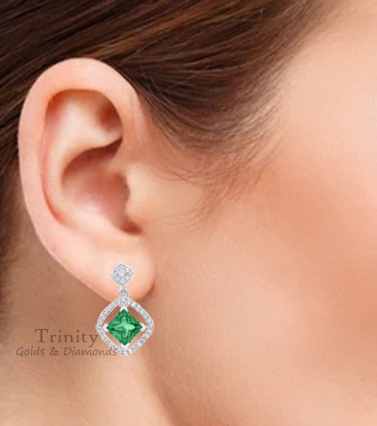 EMERALD WEDDING EARRINGS, Emerald Dangle Earrings, 2.0 Carat Princess Cut Emerald Dangle Drop Earrings, Sterling Silver Earrings, Gifts