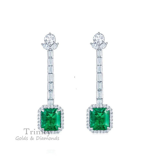 3.00 Ct Emerald Cut Earrings, Earrings, Green Emerald And Diamond Dangle Drop Earrings, Emerald Wedding Earrings