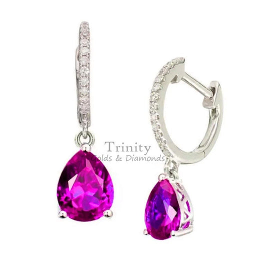 DANGLE DROP HOOP Earring with Pink Pear Shape Ruby 14KT White Gold Over Silver,Bridal Earrings, Diamond Earrings, Ruby Handmade Earrings
