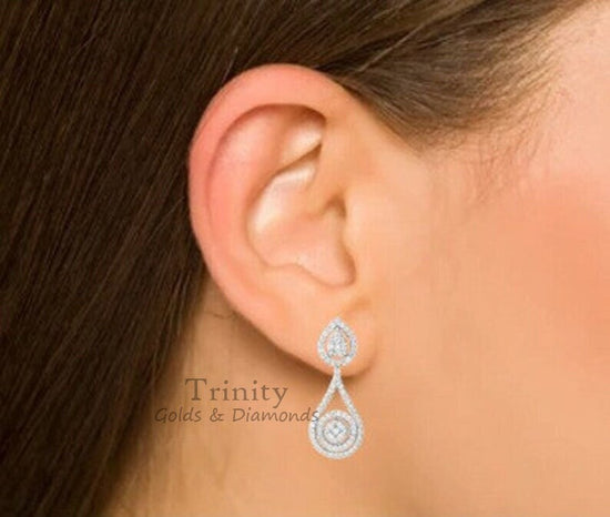 Moissanite And Diamond Ring, 14k White Gold Plated, Handmade Earrings, 925 Sterling Silver, Engagement Wedding Dangle Earrings, Gift For Her