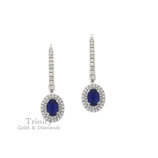 Sapphire Halo Dangle Earring, Big Oval Sapphire Double Halo Earring, Moissanite diamond dangle Earring, Gemstone Halo Earring, Gift For Her