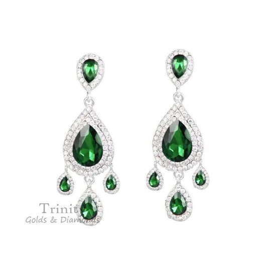 True Elegant ® Emerald Diamond Chandelier Earrings, Bridesmaid Luxury Drop Earrings, Designer Pear Stone Green Earring Gift For Siter,Gifts