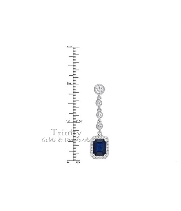 Emerald Cut Blue Sapphire Diamond Dangle Earrings for Women, Birthstone Dangle Drop Earrings Christmas Gift For Women