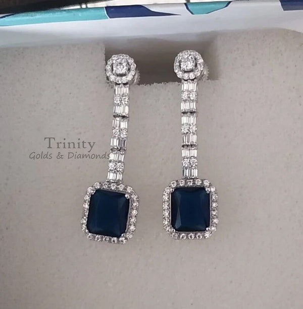 Emerald Cut Blue Sapphire Diamond Dangle Earrings for Women, Birthstone Dangle Drop Earrings Christmas Gift For Women