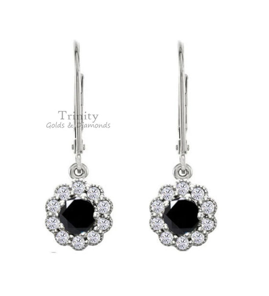 Solid Silver Drop Earrings • Black Diamond Dangle and Drop Earrings • Cluster Floral Diamond Earrings • Gift for Women