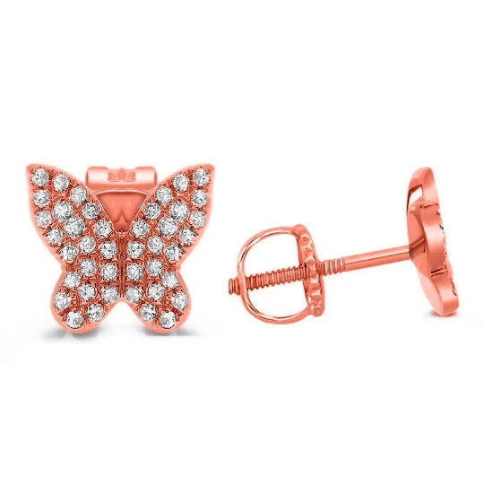 1.0 CT Diamond Mini Butterfly Stud Earring 14ktGold Over 925 Silver, Womens Diamond Studs, Diamonds Butterfly Earrings