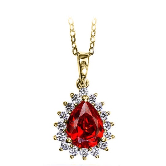 2.0 CT RED RUBY Pear Shape Diamond Drop Pendant Necklace With 10kt Gold Plated Over Silver, Diamond Drop Pendant, Handmade,Valentine Jewelry