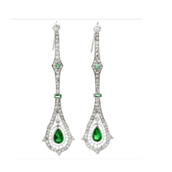 CHANDELIER GREEN EARRINGS/Emerald And Moissanite Diamonds Earrings/Wedding Jewelry/Long Bridesmaid Earrings/Bridal Earrings/Bridesmaid Gifts