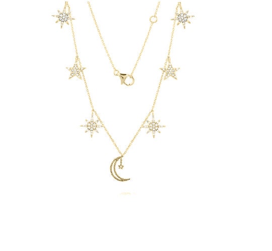 Dainty Gold Star Moon Choker, Moon&Star Dangle Necklace, Trendy Layering, Festive Jewelry, Star Sterling Silver CZ Charm, Mother&