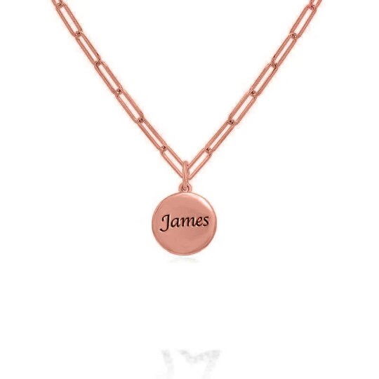 NAME DISC WITH Paperclip Necklace pendant ,Name Pendant, " Jemes" Engraved Disc Pendant ,custom name pendant necklace 10kt Gold Finish