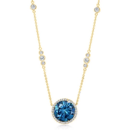 BLUE SAPPHIRE NECKLACE, 2.0 Round Cut Sapphire Halo Diamond Necklace Pendant For Her, Sterling Silver Sapphire Necklace, Gift For Her