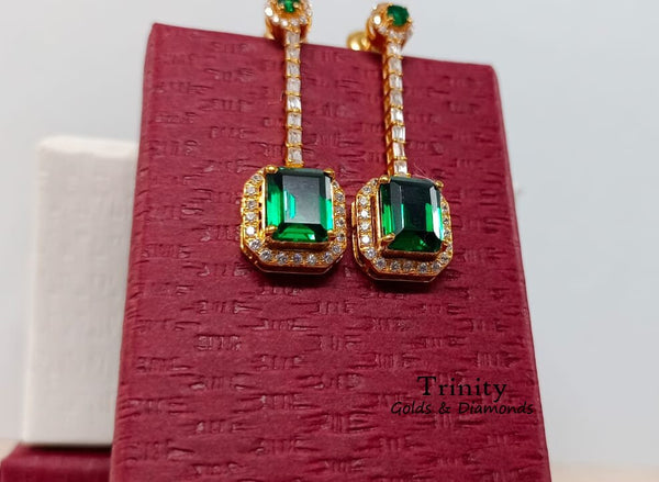 EMERALD DROP EARRINGS, Emerald Cut And Round Cut, Green Emerald & Diamond Earrings, Handmade Earrings, 14K Yellow Gold Plated