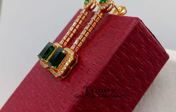 EMERALD DROP EARRINGS, Emerald Cut And Round Cut, Green Emerald & Diamond Earrings, Handmade Earrings, 14K Yellow Gold Plated