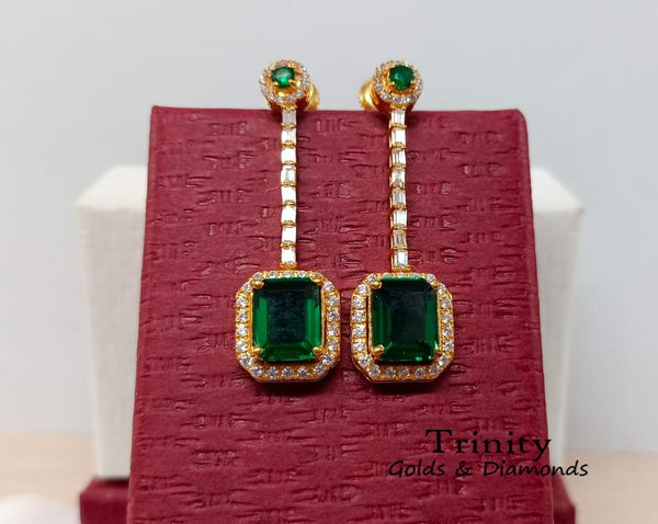 EMERALD DROP EARRINGS, Emerald Cut And Round Cut, Green Emerald & Diamond Earrings, Handmade Earrings, 14K Yellow Gold Plated