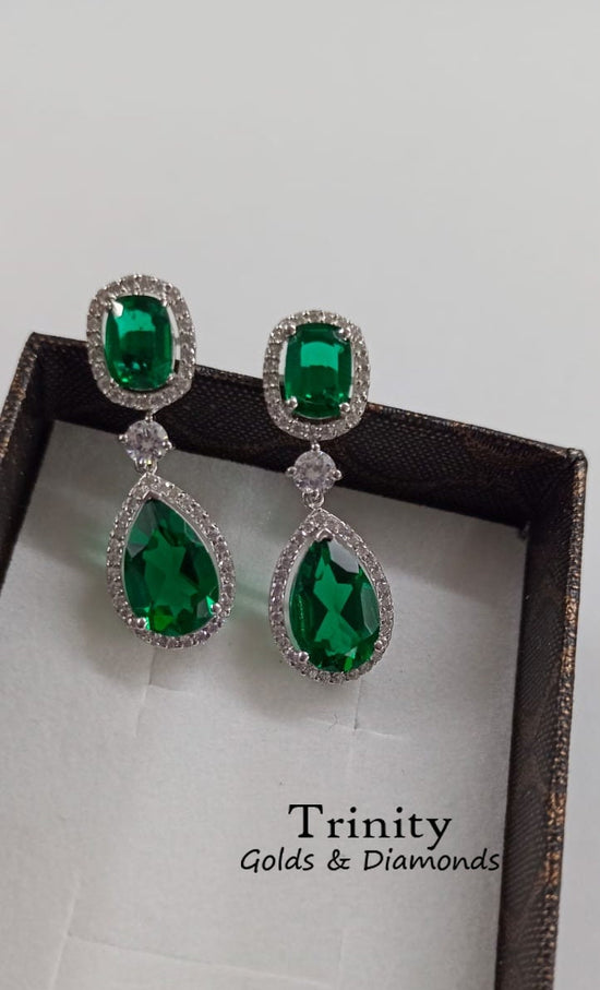 Emerald Dangle Earrings/ 14K Finish Emerald And Diamond Dangle Earring/ 925 Silver Diamond Dangle Earrings/ Wedding Bridal Earrings/ Gifts