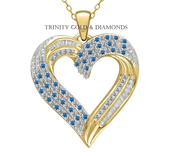VALENTINE GIFTS, 3Ct Sapphire & Diamond Open Heart Pendant Necklace In sterling Silver 925 With 14kt Yllow Gold Finish, Pave Heart Pendant
