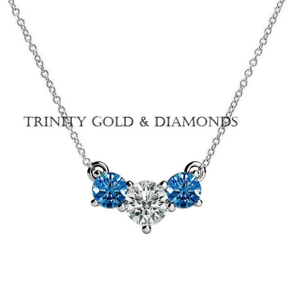 3.0 Ct Lab Created Sapphire And Moissanite Three Stone Necklace, Three Stone Wedding Necklace, Sapphire & Diamond Pendant, Everyday Necklace