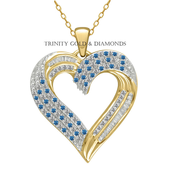 VALENTINE GIFTS, 3Ct Sapphire & Diamond Open Heart Pendant Necklace In sterling Silver 925 With 14kt Yllow Gold Finish, Pave Heart Pendant